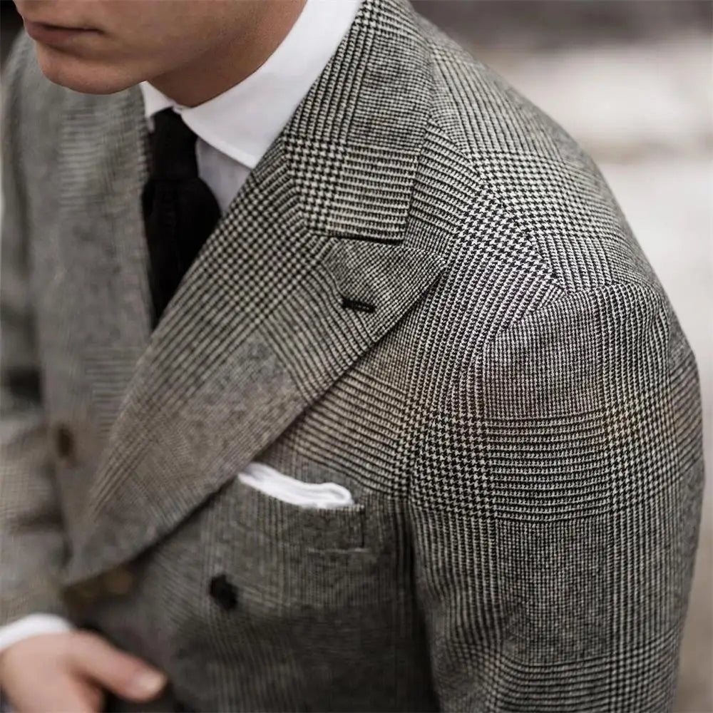 Welsh Check Suit‌ Men's Tuxedo Suit Peak Lapel Double-Breasted Wedding Business Banquet 2Pcs（Jacket+pants) Man Business Suits