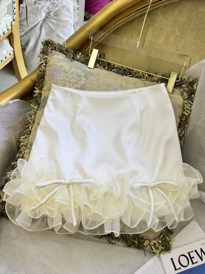 Females Summer Sweet Ruffle Edge Short Skirts French Style A-Line Party Stage Fashion Lace Shirring Above Knee Mini Skirt