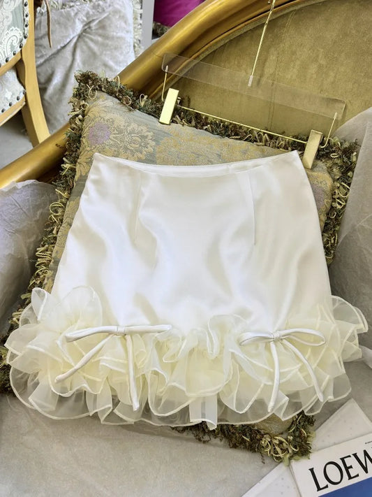 Females Summer Sweet Ruffle Edge Short Skirts French Style A-Line Party Stage Fashion Lace Shirring Above Knee Mini Skirt