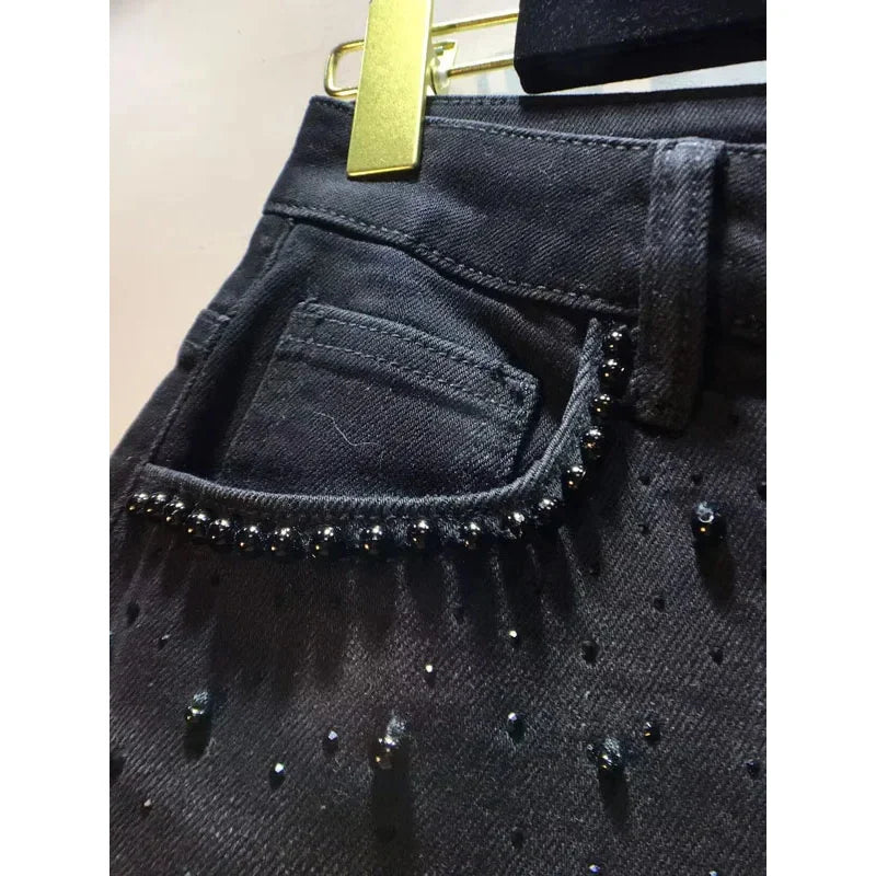Summer New Heavy Embroidery Rhinestone Denim Patchwork Hook Flower Hollow Lace Straight Leg Wide Leg Pants Casual High Waist ...