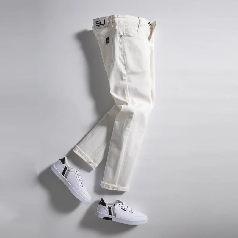 2025 Men White Jeans Fashion Casual Classic Style Regular Straight  Fit Soft Trousers Male  Advanced Stretch Pants