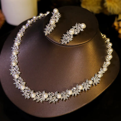 Elegance Pearl Necklace For Women Luxury High Quality Circular Shape Cubic Zircon Female Jewelry Sets Wedding Party Gifts