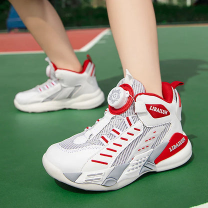 Kids Sneakers Basketball Shoes Boys Spring Fashion Rotating Button Anti-slip Shock Absorption School Students Sports Shoes