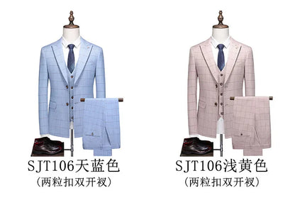 ( Jacket + Vest + Pants ) Fashion Boutique Plaid Mens Casual Business Suit Groom Wedding Dress Formal Slim Plaid Suit