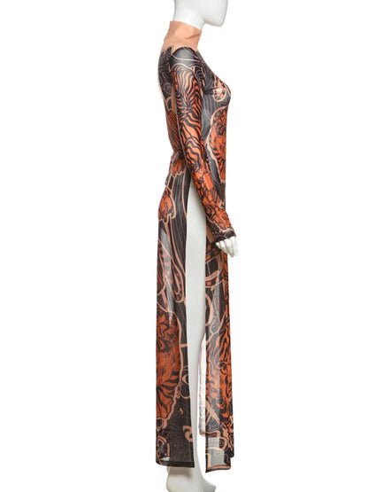 See Through T-Shirts Women Tiger Print Long Sleeve High Neck High Slits High Elastic Skinny Trend Street Hipster Tops