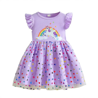 2026 Korean Style Girls Summer Unicorn Print Dress Short Sleeve Tulle Princess Gown Kids Casual Party Clothes for South Korea