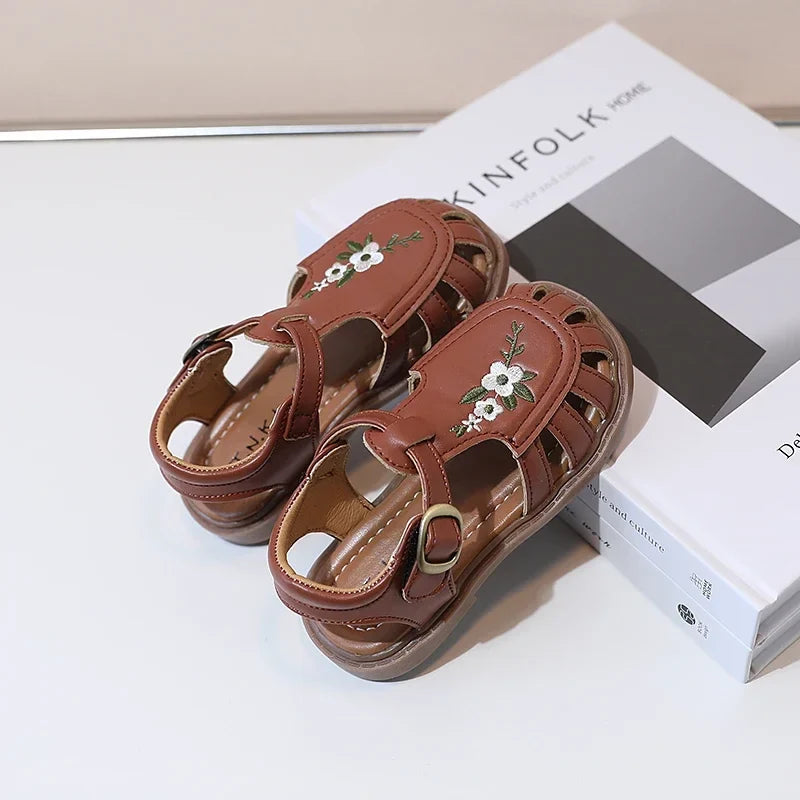 Traditional Chinese Embroidery Kids Shoes for Girl Sandals Summe Retro Princess Shoes Roman Style Girls Leather Shoes Kid F05173