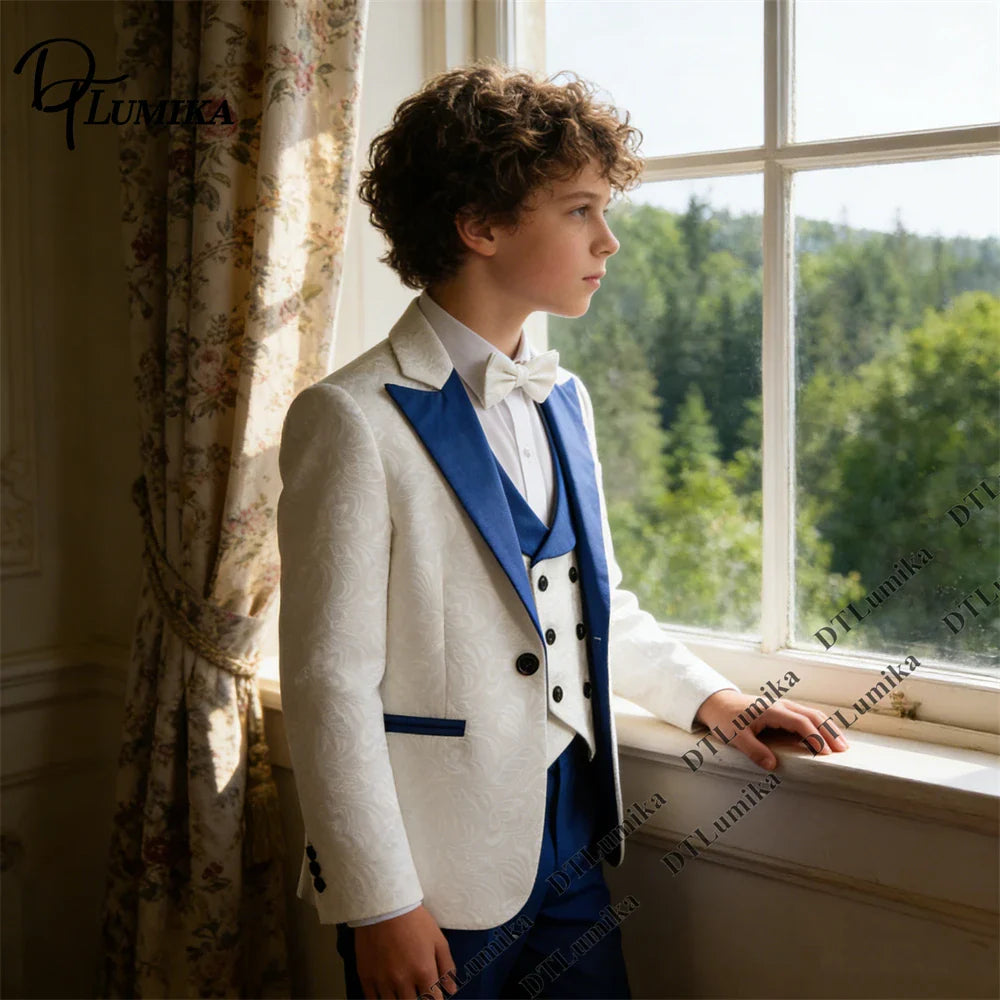 2026 Boys' White Tuxedo 3 Piece Blue Shawl Collar White Bow tie Vest & Slim Fit Formal Flower Boy Suits for Birthday