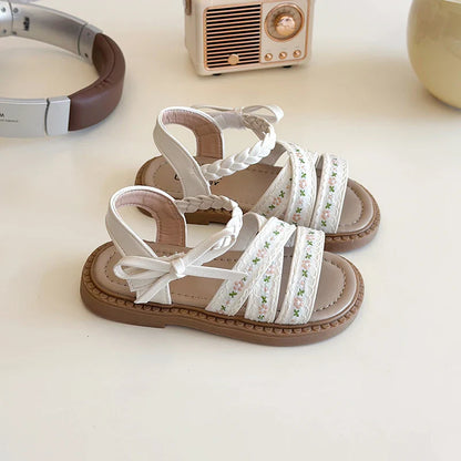 Summer Girl's Sandals Braided Flower Classic Trendy Vintage Kids Sliders Beige Brown Open Toe Holiday Pu Leather Children Shoes