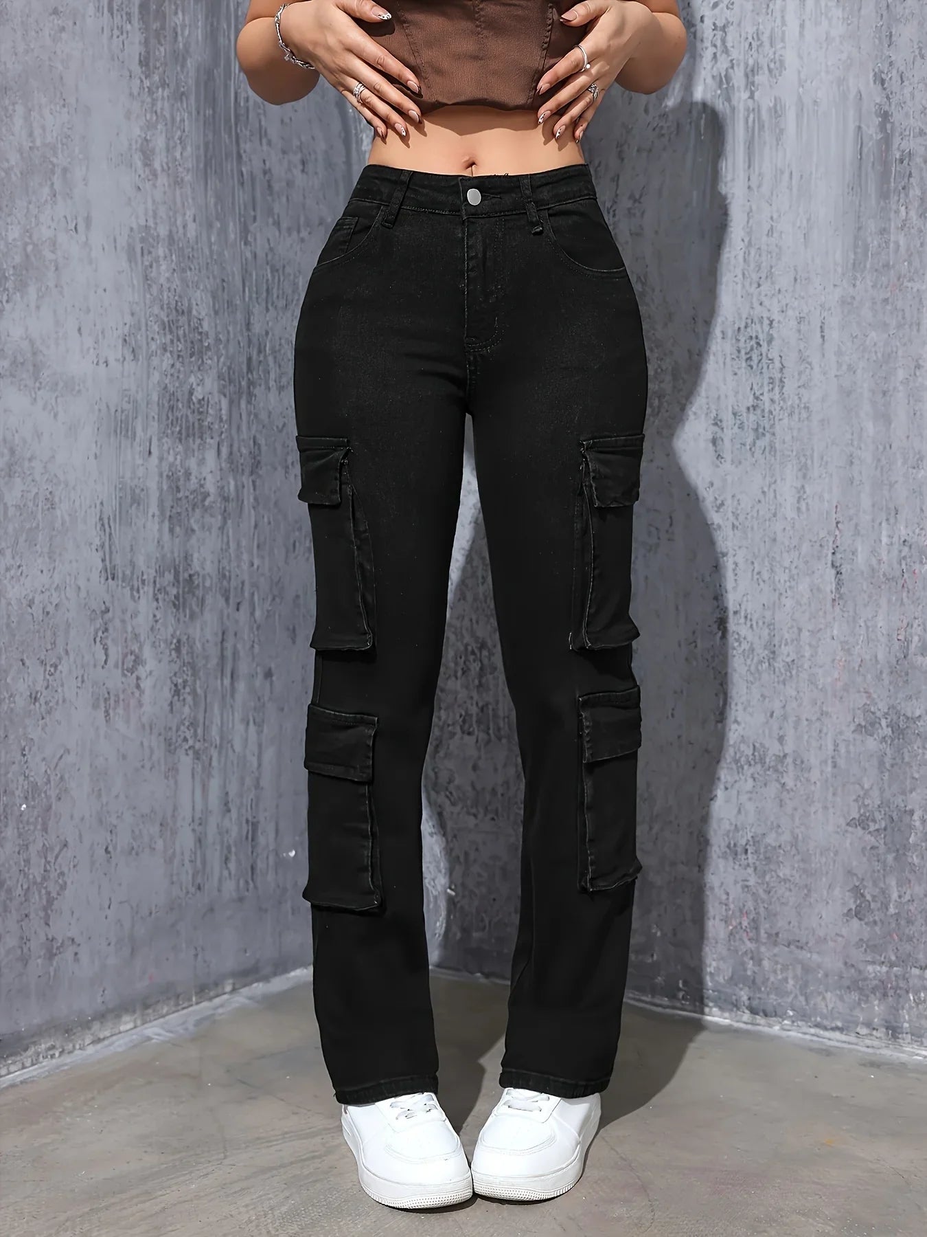 Women's work pants straight leg jeans with multiple pockets, super elastic straight leg casual retro high waisted comfortable st