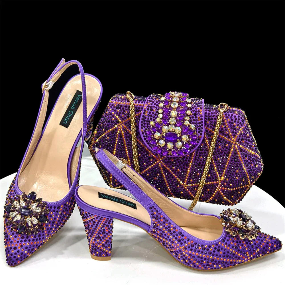 INS Style Green Party Shoe and Bag Set in Women Pointed-Toe Rhinestone High Heels Elegant African Ladies Shoes