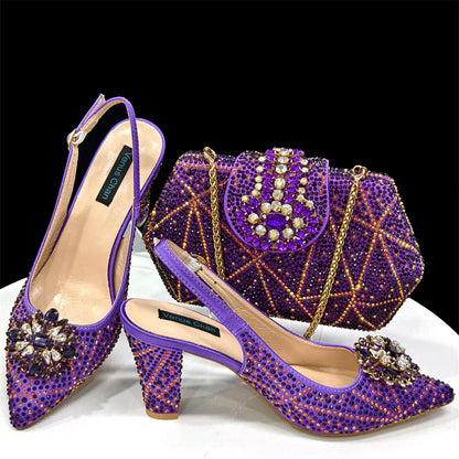 INS Style Green Party Shoe and Bag Set in Women Pointed-Toe Rhinestone High Heels Elegant African Ladies Shoes