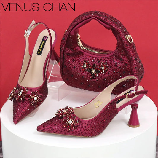 Newest Italian Pumps and Bag To Party INS Style Pointed-Toe Rhinestone Elegant High Heels Champagne Wedge for Women