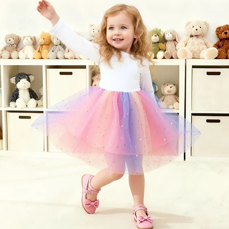 Baby Girls Dress Children Cartoon Mesh Star Sequins Princess Dress Kids Flying Sleeve Skirt For Birthday Gift