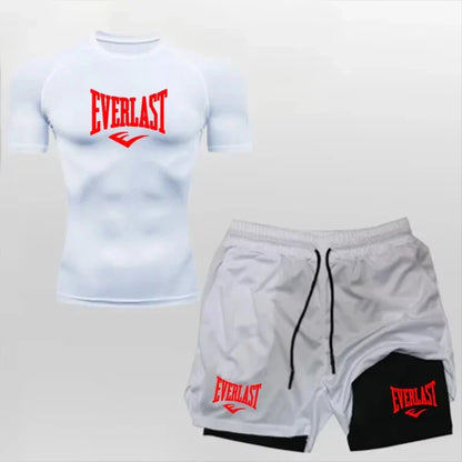 Men's Compress Shirt + 2-in-1 sports shorts 2pcs Set Leisure Breath Short Sleeve Sport Jogging Gym Brand Print Clothing