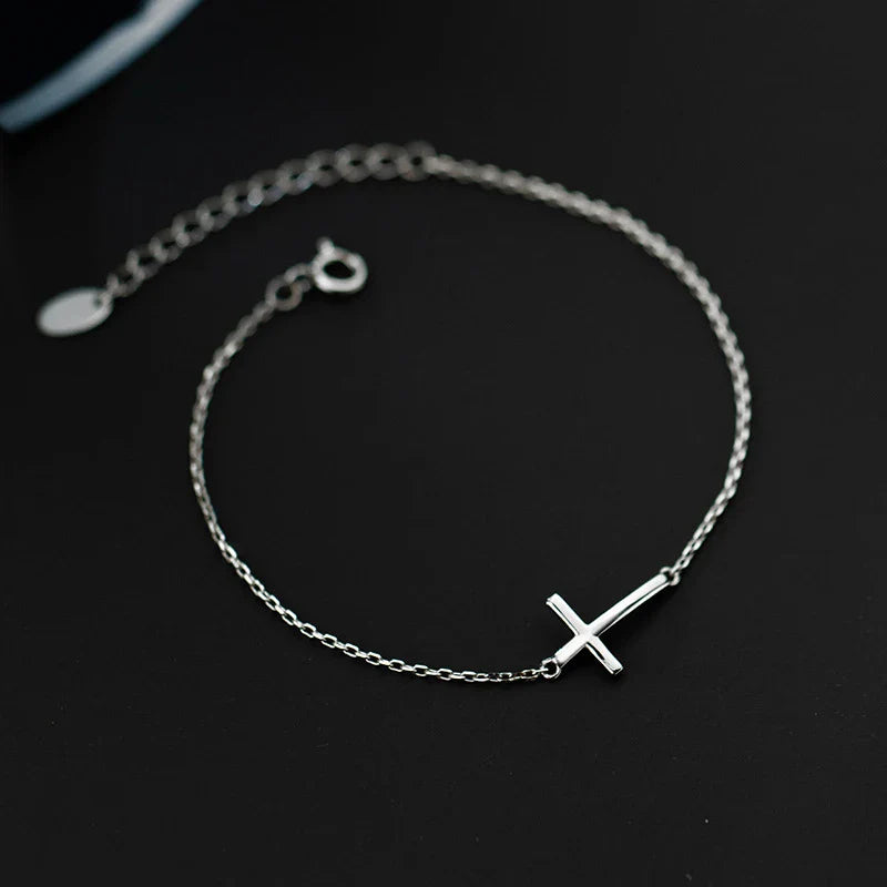 Real 925 Sterling Silver Smooth Cross Bracelet For Women Shiny Link Chain Bracelet Fine Jewelry Valentine's Day Gift
