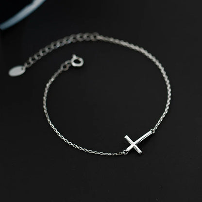 Real 925 Sterling Silver Smooth Cross Bracelet For Women Shiny Link Chain Bracelet Fine Jewelry Valentine's Day Gift