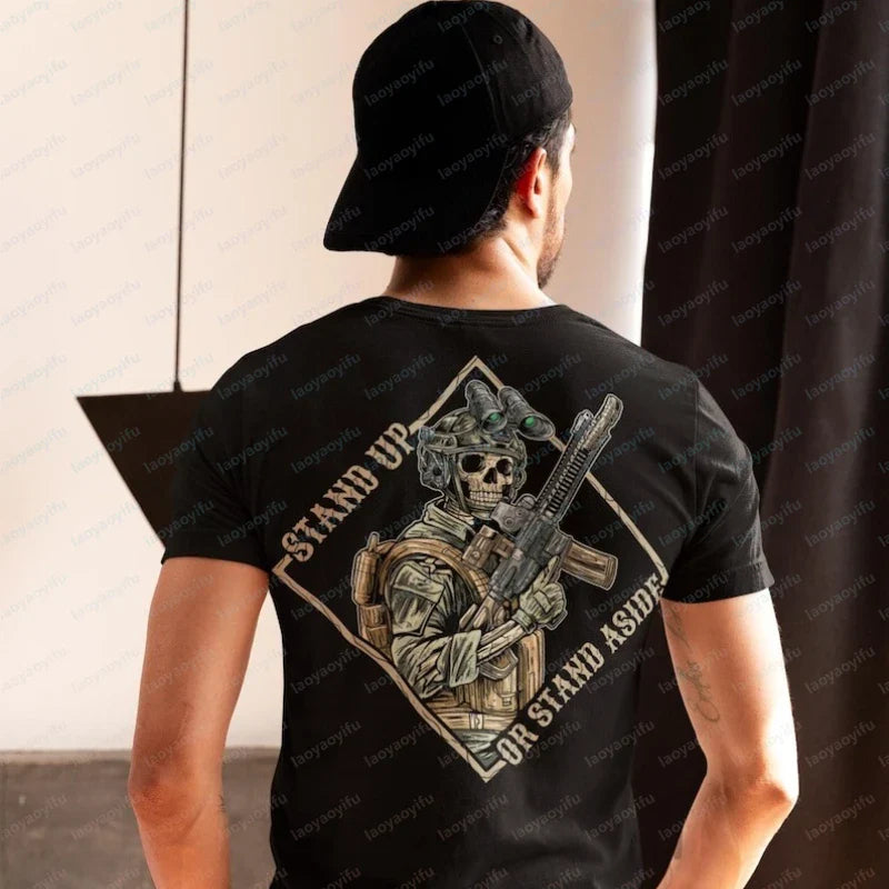 Stand Up or Stand Aside Military Tactical Warrior Skeleton Shirt T-Shirt Gym Military Shirt Graphic T Shirts Cotton Men Clothing