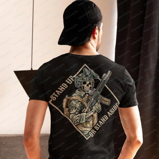Stand Up or Stand Aside Military Tactical Warrior Skeleton Shirt T-Shirt Gym Military Shirt Graphic T Shirts Cotton Men Clothing