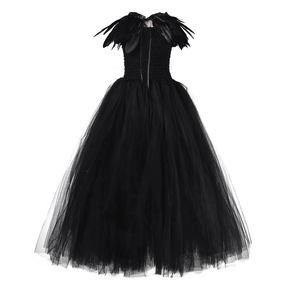 2-10Yrs Maleficent Girl Evil Queen Black Tutu Dress with Feather Scarf Halloween 2026 Villain Party Gothic Costume Gown Vestidos
