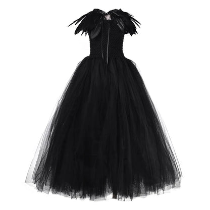 2-10Yrs Maleficent Girl Evil Queen Black Tutu Dress with Feather Scarf Halloween 2026 Villain Party Gothic Costume Gown Vestidos
