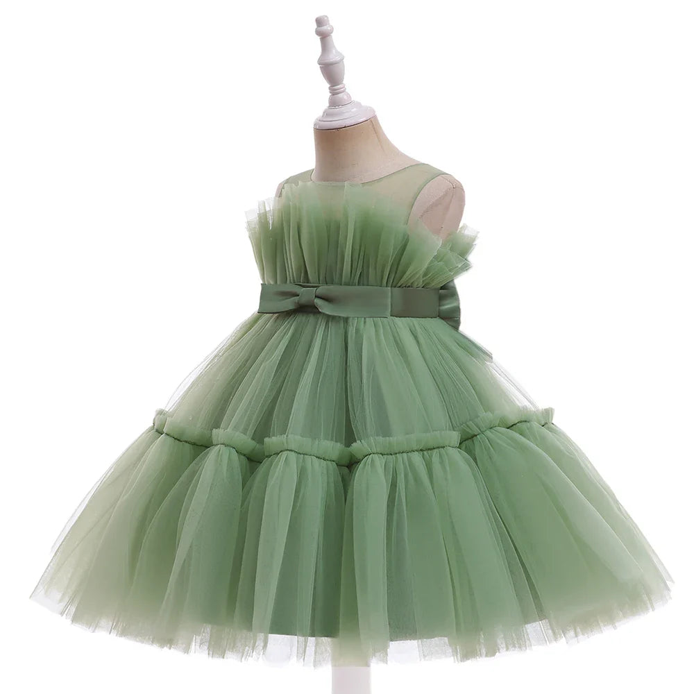 Summer Ruffles Bridesmaids Party Girls Dress Elegant Bow Wedding Birthday Princess Dresses Girl Tulle Pageant Evening Costumes