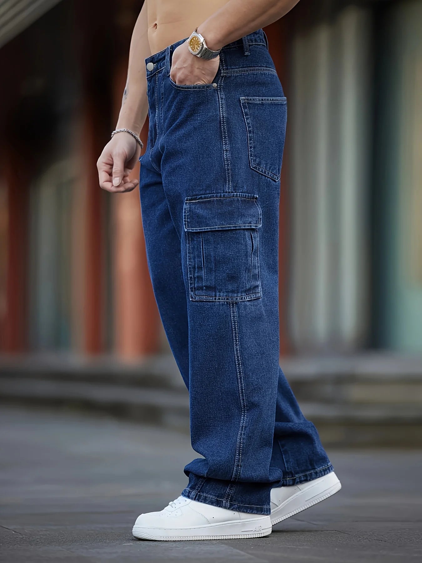 Men's Deep Blue Washed Denim Workwear Jeans Casual Multiple Pockets Design Loose Wide Leg Trousers Y2K Style Cargo Pants