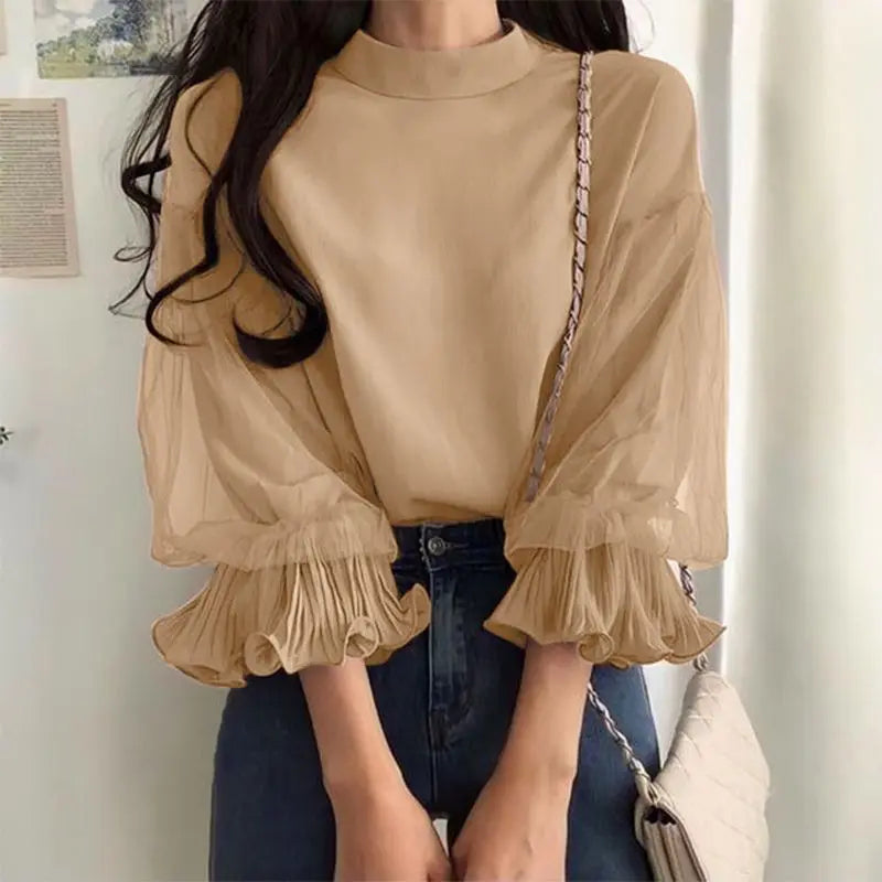 Women Elegant Party Blouse Chic Mesh Ruffle 3/4 Sleeve Tops 2025 Autumn Designer Stand Collar Shirts Korean Loose Tunics