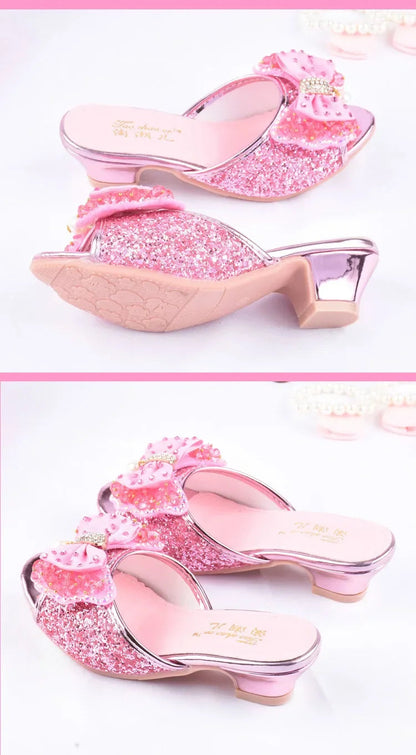 Girls Summer Sandals Slipper Sequined Princesse Children High Heel Party Dress Shoes Leather Slipper For Kids Slides