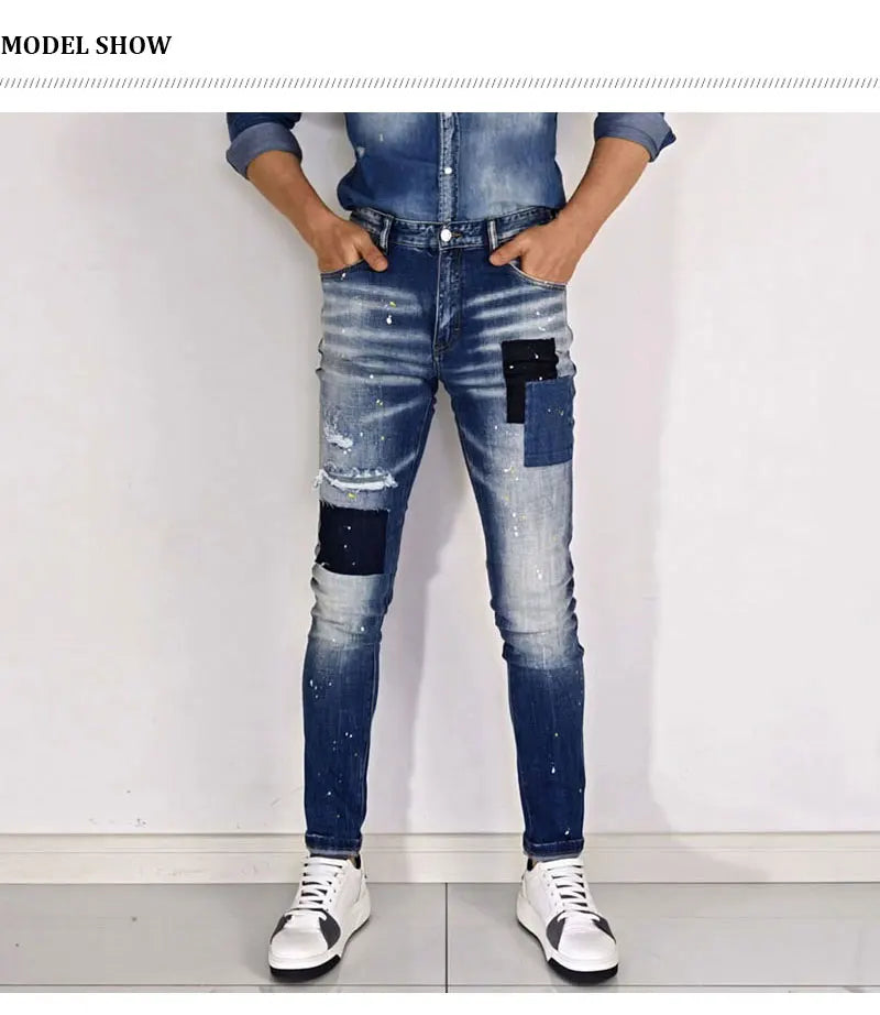 Street Fashion Men Jeans Retro Blue High Quality Elastic Skinny Fit Ripped Jeans Men Patched Designer Hip Hop Brand Pants Hombre