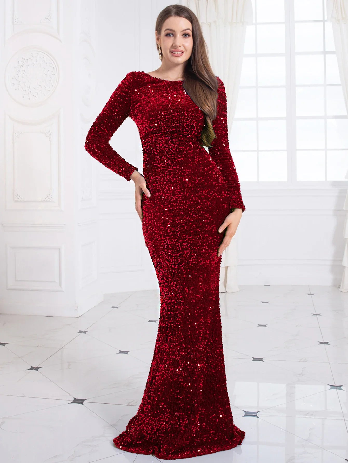 Vestido de Festa Formal Azul Royal Feminino Elegante Manga Longa Veludo Elástico Paetê Sereia Vestido de Noiva 2025