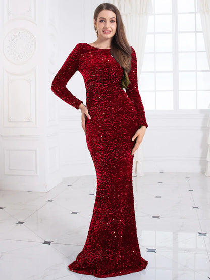 Vestido de Festa Formal Azul Royal Feminino Elegante Manga Longa Veludo Elástico Paetê Sereia Vestido de Noiva 2025