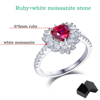 6*6mm Pigeon Blood Ruby Heart Rings for Women Lab Gems White Moissanite Engagement Ring Pure 925 Silver Plated 18K
