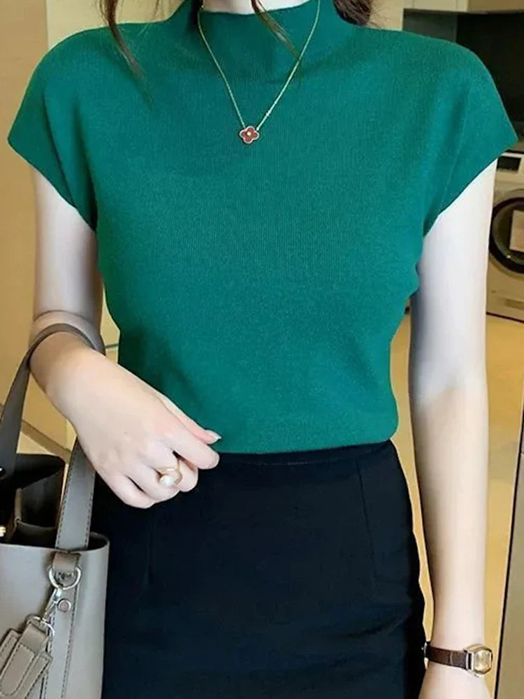 New Women Summer Knitted Turtleneck Sleeveless T-Shirts Tops Solid Slim Fit Pullovers Causal Tees Female Streetwear Basics Tees