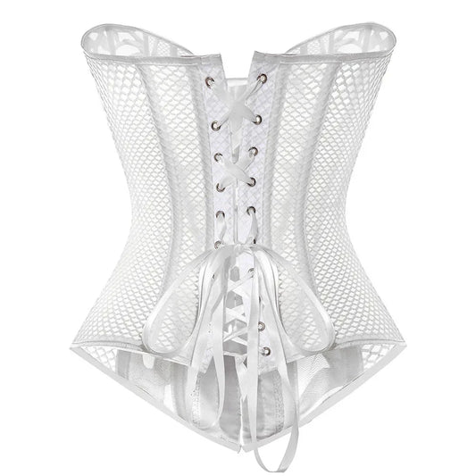 White Corset Top Vintage Gothic Women Overbust Sexy Bustier  Hollow Out Mesh Lace up Body Shaper Slimm Waist Korsett