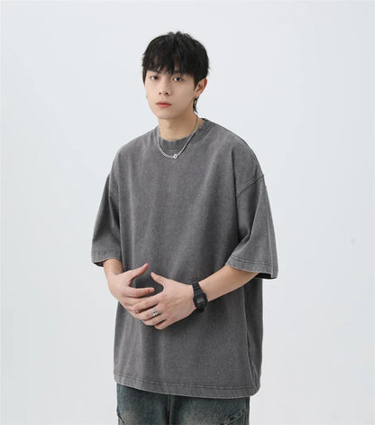 Japanese Korean Style Stir Fried Snowflake Washed T-Shirts Men Women Cotton Heavyweight Summer Hip Hop Streetwears Short Sleeved