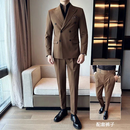(Jackets+Pants) Luxury Double Breasted Design Slim Fit Suit High Quality Fashion Men's Wedding Social Suit Tuxedo 2 Piece Set