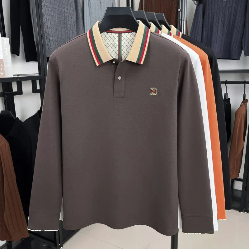 Luxury advanced  brand men long sleeve polo shirt unique stripe color blocked lapel fashion letter embroidery casual new T-shirt