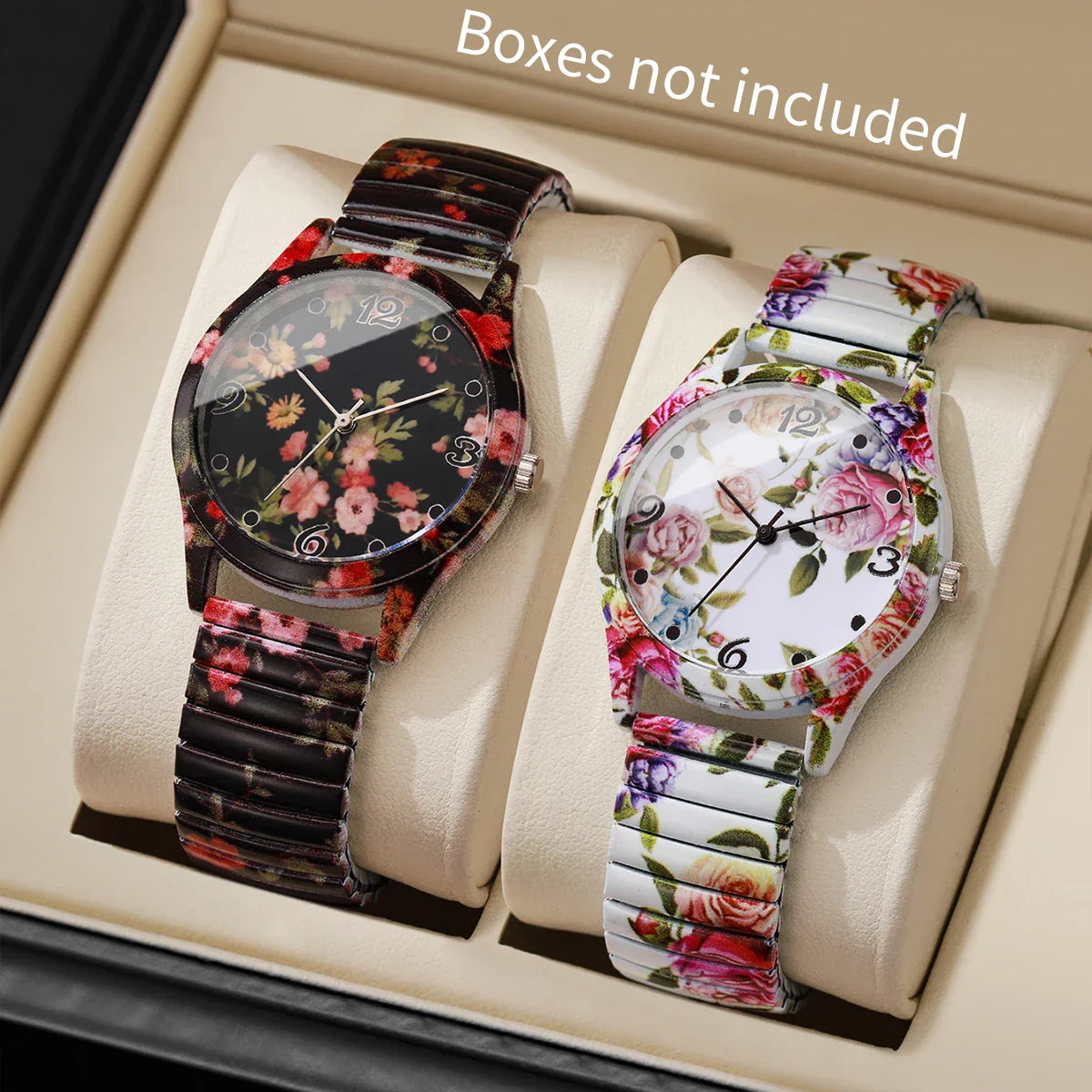 2/3PCS Fashion Flower Printed Women Quartz Wristwatches Set Ladies Casual Elastic Strap Arabic Dial Watch（Without Box）