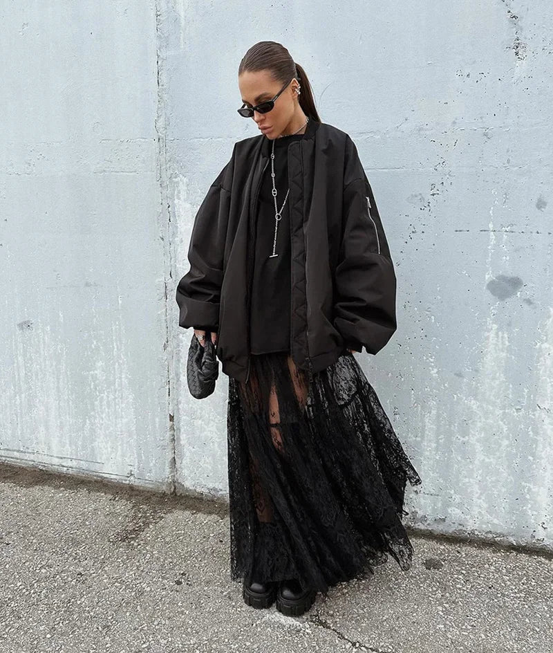 Loose Black Sexy Black Lace Skirt Women Fashion Thin Transparent Casual Hollow Out High Waist Loose A-line Long Skirt Party