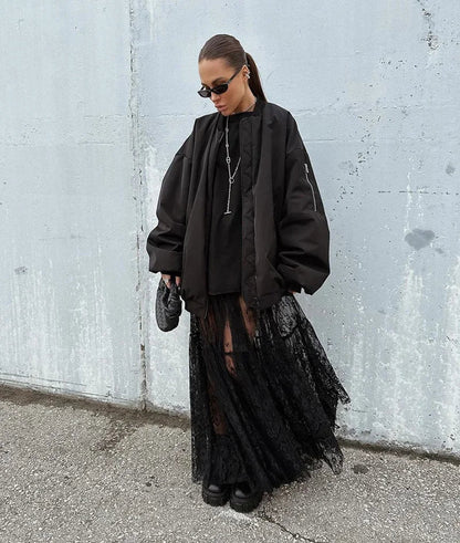 Loose Black Sexy Black Lace Skirt Women Fashion Thin Transparent Casual Hollow Out High Waist Loose A-line Long Skirt Party