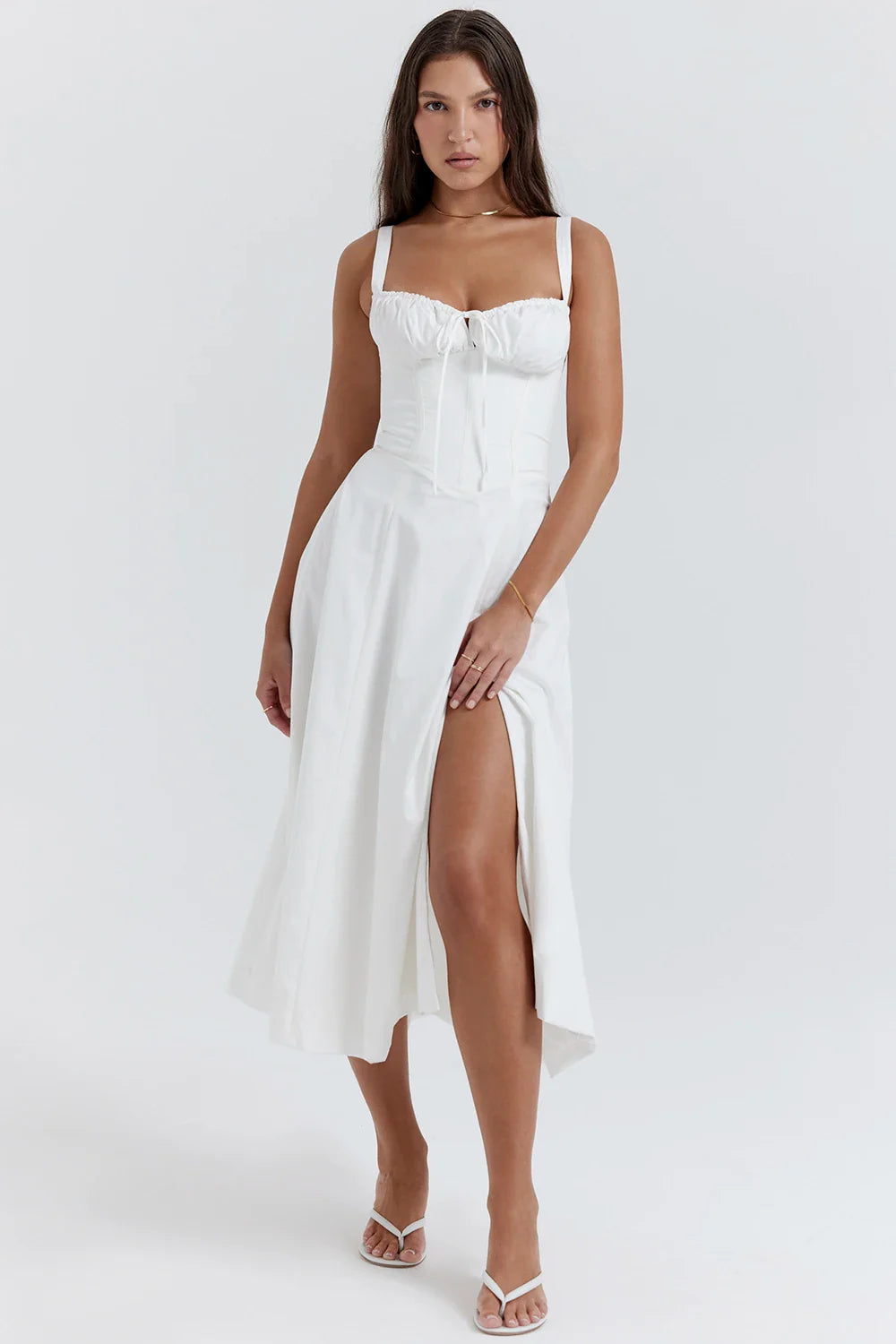 Full Lining Elegant Lace Up Holiday Party Dresses Midi Sexy Spaghetti Strap Split Dress White Summer Dress Women 2023