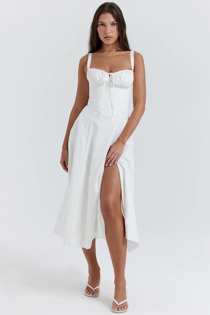 Full Lining Elegant Lace Up Holiday Party Dresses Midi Sexy Spaghetti Strap Split Dress White Summer Dress Women 2023