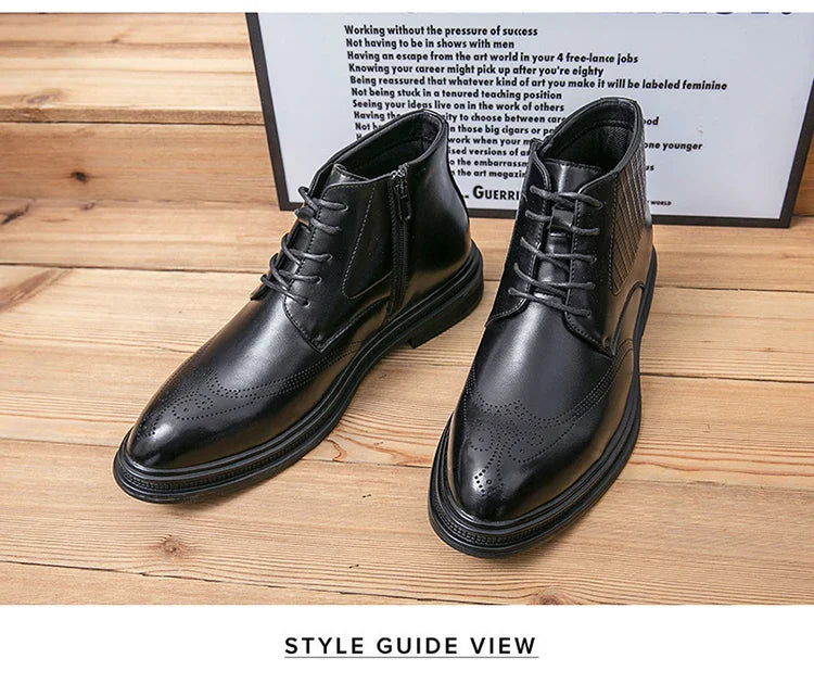 Men Pu Leather High Top Boots With Side Zipper Block Carving Design Business Casual And Handmade Ankle Boots