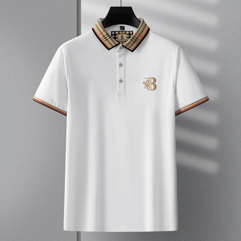 Summer novel men's high-end lace collar B-shaped short sleeved polo shirt, comfortable and casual business T-shirt