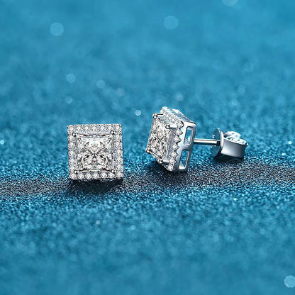 0.5/1/2carat Princess Cut Moissanite Halo Diamond Stud Earrings with Certificates 925 Sterling Silver Square Ear Studs for Women