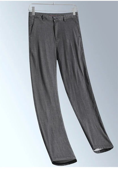 2026 New Men's Summer Jeans Thin Loose Stretch Large Size Ice Silk Straight Pants Elite Business Casual Pants Smoke Gray Blue