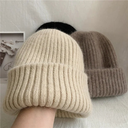 Winter Dome Brimless Casual Hat Warm Rabbit Fur Knit Hat women's double-layer Thick Wool Hat Casual Hat Toe Cap Cold Hat 4m868