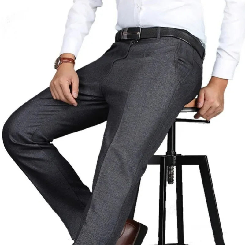 New Arrival Mens Casual Business Pants Man Mid Full Length Soft Trim Brand Trousers Regular Straight Black Grey Large Size 28-40
