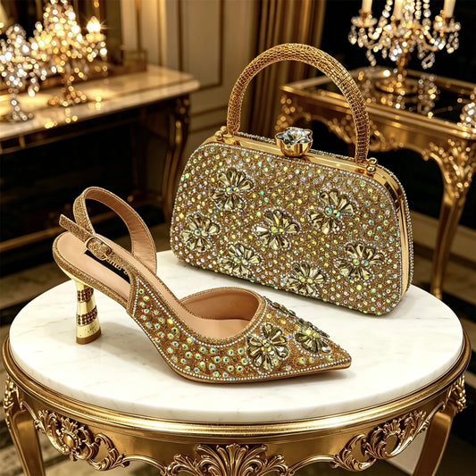 Gold Pointed Toe Rhinestone Heels & Bag Set, Sparkly Slingback Shoes for Women Wedding Party Evening Prom